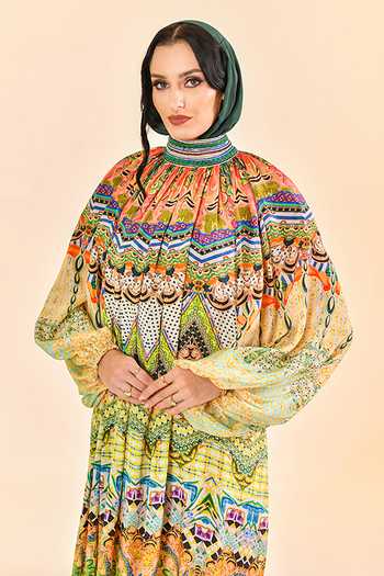 Shop_Bhanuni By Jyoti_Multi Color Viscose High Neck Sunbeam Maxi Dress _Online_at_Aza_Fashions