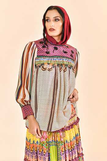 Buy_Bhanuni By Jyoti_Multi Color Viscose Round Neck Auburn Flame Print Top _at_Aza_Fashions
