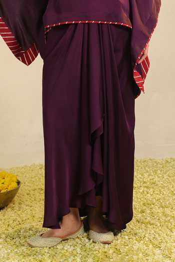 Buy_Roohbyridhimaa_Purple Silk Satin Split V-neck Deedar Embroidered Top And Draped Skirt Set _Online_at_Aza_Fashions