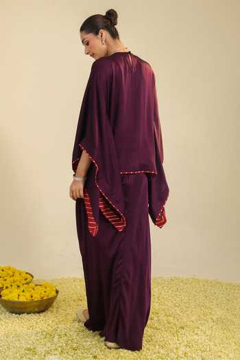 Roohbyridhimaa_Purple Silk Satin Split V-neck Deedar Embroidered Top And Draped Skirt Set _Online_at_Aza_Fashions