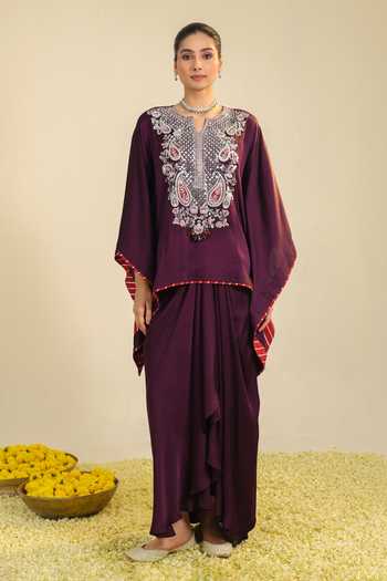 Shop_Roohbyridhimaa_Purple Silk Satin Split V-neck Deedar Embroidered Top And Draped Skirt Set _Online_at_Aza_Fashions