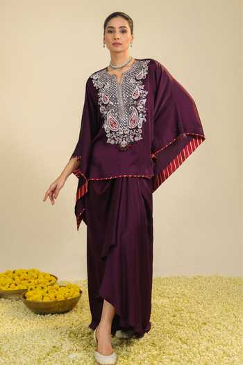 Roohbyridhimaa_Purple Silk Satin Split V-neck Deedar Embroidered Top And Draped Skirt Set _at_Aza_Fashions