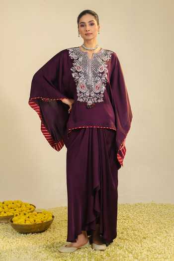 Buy_Roohbyridhimaa_Purple Silk Satin Split V-neck Deedar Embroidered Top And Draped Skirt Set 
