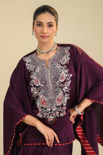 Shop_Roohbyridhimaa_Purple Silk Satin Split V-neck Deedar Embroidered Top And Draped Skirt Set 