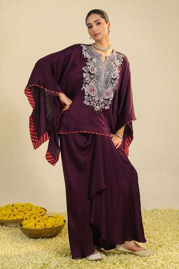 Roohbyridhimaa_Purple Silk Satin Split V-neck Deedar Embroidered Top And Draped Skirt Set _Online