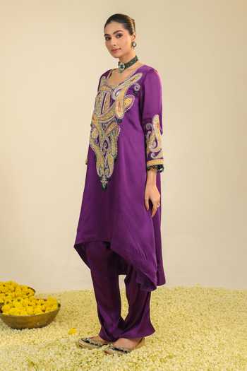 Shop_Roohbyridhimaa_Purple Silk Satin Scoop Neck Paisley Asar Embroidered Kurta And Pant Set _Online_at_Aza_Fashions