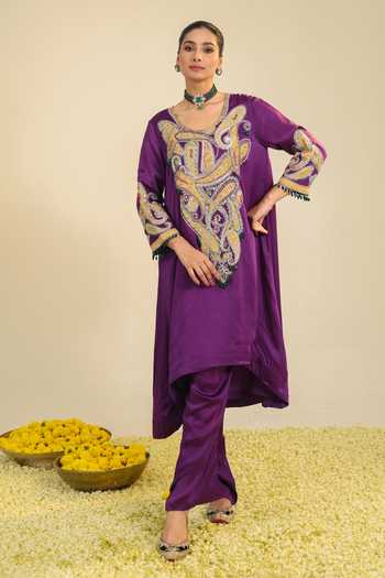 Shop_Roohbyridhimaa_Purple Silk Satin Scoop Neck Paisley Asar Embroidered Kurta And Pant Set 