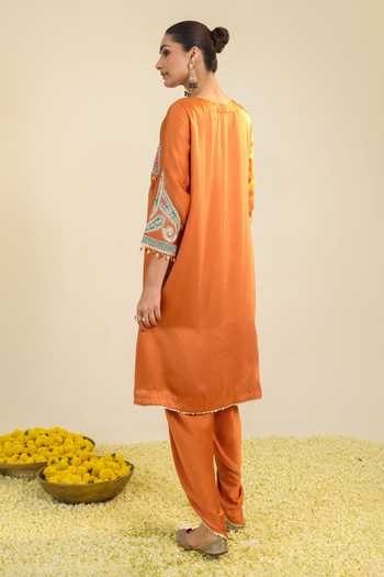 Roohbyridhimaa_Rust Silk Satin Round Neck, Dori And Zardozi Embroidered Kurta & Dhoti Pant Set _Online_at_Aza_Fashions