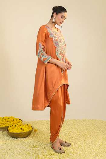 Buy_Roohbyridhimaa_Rust Silk Satin Round Neck, Dori And Zardozi Embroidered Kurta & Dhoti Pant Set _Online_at_Aza_Fashions