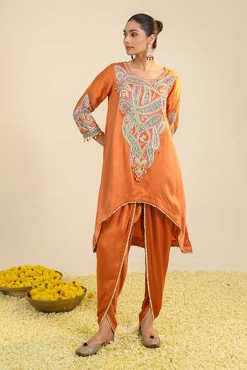 Shop_Roohbyridhimaa_Rust Silk Satin Round Neck, Dori And Zardozi Embroidered Kurta & Dhoti Pant Set _Online_at_Aza_Fashions