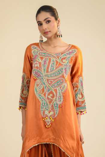 Roohbyridhimaa_Rust Silk Satin Round Neck, Dori And Zardozi Embroidered Kurta & Dhoti Pant Set _at_Aza_Fashions