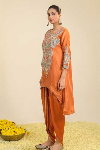 Buy_Roohbyridhimaa_Rust Silk Satin Round Neck, Dori And Zardozi Embroidered Kurta & Dhoti Pant Set 