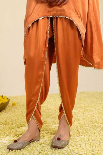 Shop_Roohbyridhimaa_Rust Silk Satin Round Neck, Dori And Zardozi Embroidered Kurta & Dhoti Pant Set 