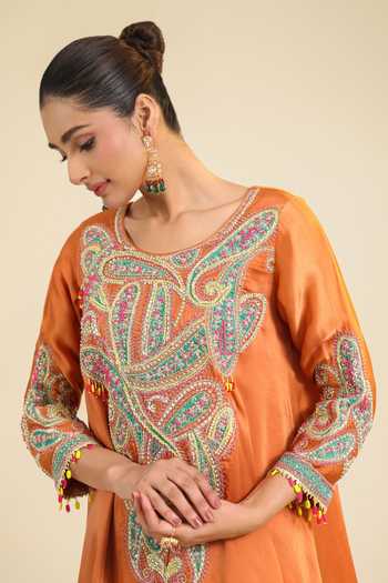 Roohbyridhimaa_Rust Silk Satin Round Neck, Dori And Zardozi Embroidered Kurta & Dhoti Pant Set _Online