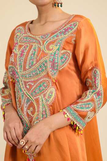 Buy_Roohbyridhimaa_Rust Silk Satin Round Neck, Dori And Zardozi Embroidered Kurta & Dhoti Pant Set _Online