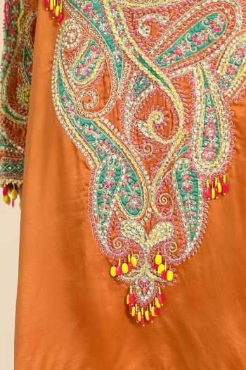 Shop_Roohbyridhimaa_Rust Silk Satin Round Neck, Dori And Zardozi Embroidered Kurta & Dhoti Pant Set _Online