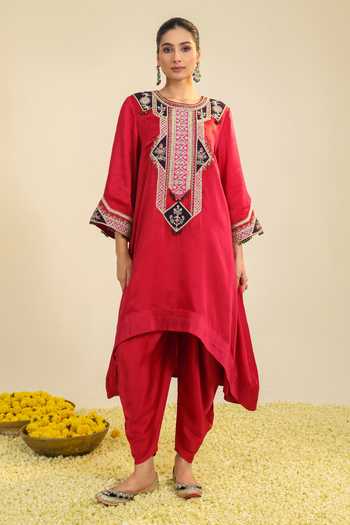 Shop_Roohbyridhimaa_Red Silk Satin Round Neck, Yes Amayra Embroidered Kurta And Pant Set _Online_at_Aza_Fashions