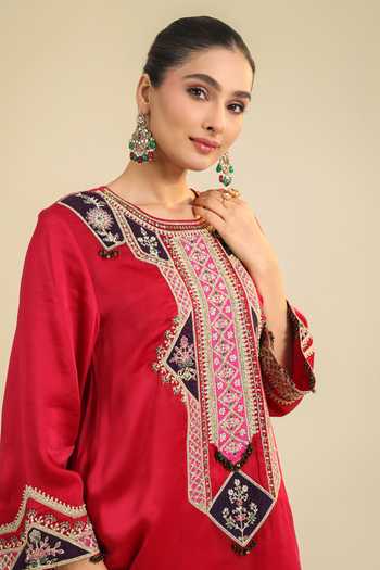 Shop_Roohbyridhimaa_Red Silk Satin Round Neck, Yes Amayra Embroidered Kurta And Pant Set 
