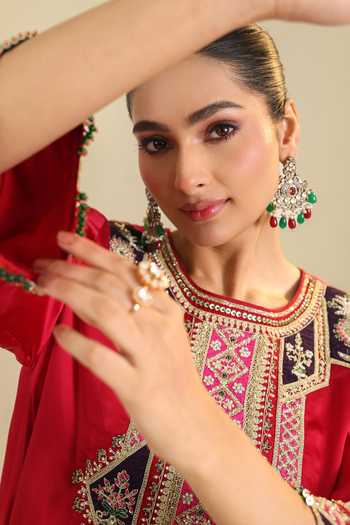 Roohbyridhimaa_Red Silk Satin Round Neck, Yes Amayra Embroidered Kurta And Pant Set _Online