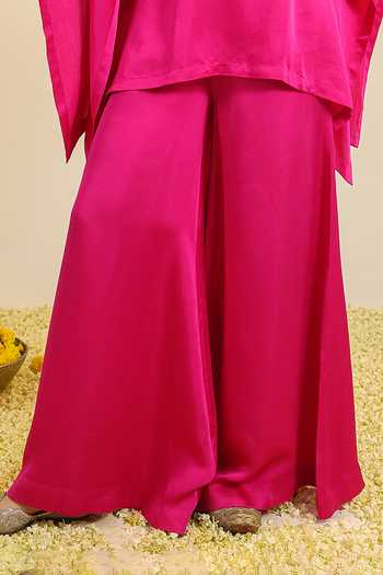 Roohbyridhimaa_Fuchsia Silk Satin Round Neck Pink Shabaad Embroidered Top And Palazzo Set _Online_at_Aza_Fashions
