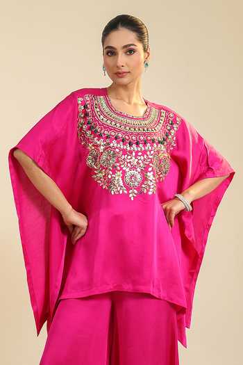 Shop_Roohbyridhimaa_Fuchsia Silk Satin Round Neck Pink Shabaad Embroidered Top And Palazzo Set _at_Aza_Fashions