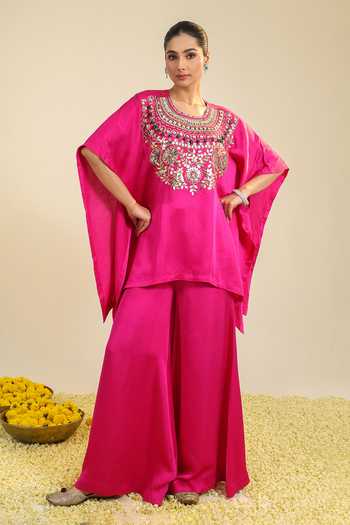 Buy_Roohbyridhimaa_Fuchsia Silk Satin Round Neck Pink Shabaad Embroidered Top And Palazzo Set _at_Aza_Fashions