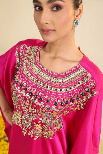 Buy_Roohbyridhimaa_Fuchsia Silk Satin Round Neck Pink Shabaad Embroidered Top And Palazzo Set _Online_at_Aza_Fashions