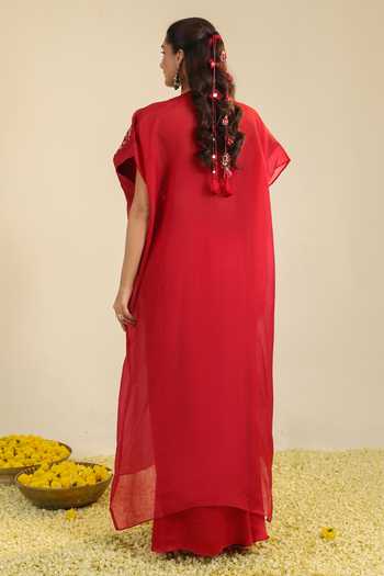 Roohbyridhimaa_Red Silk Satin Round Neck Gulbabo Embroidered Cape Skirt Set _Online_at_Aza_Fashions
