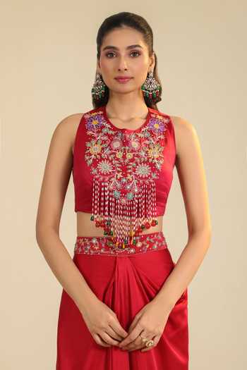 Buy_Roohbyridhimaa_Red Silk Satin Round Neck Gulbabo Embroidered Cape Skirt Set _Online_at_Aza_Fashions