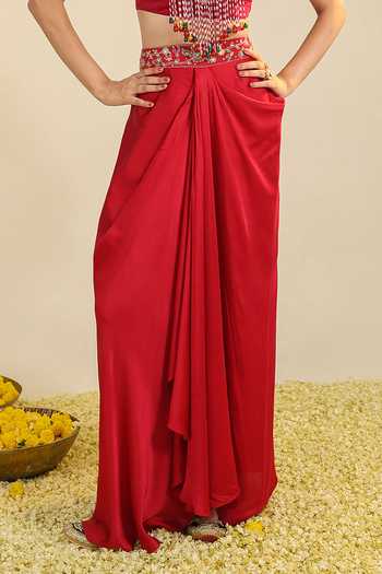 Shop_Roohbyridhimaa_Red Silk Satin Round Neck Gulbabo Embroidered Cape Skirt Set _Online_at_Aza_Fashions