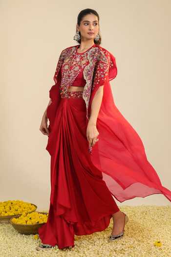 Roohbyridhimaa_Red Silk Satin Round Neck Gulbabo Embroidered Cape Skirt Set _at_Aza_Fashions