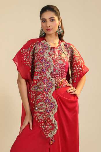 Shop_Roohbyridhimaa_Red Silk Satin Round Neck Gulbabo Embroidered Cape Skirt Set 