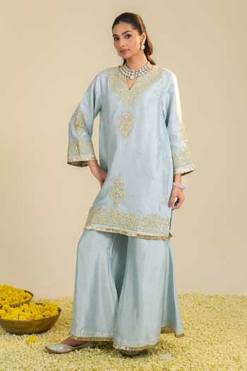 Shop_Roohbyridhimaa_Blue Silk, Organza V-neck, Yes Gulmarg Embroidered Kurta Palazzo Set _Online_at_Aza_Fashions