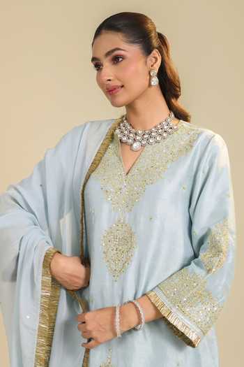 Roohbyridhimaa_Blue Silk, Organza V-neck, Yes Gulmarg Embroidered Kurta Palazzo Set _at_Aza_Fashions