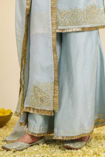 Buy_Roohbyridhimaa_Blue Silk, Organza V-neck, Yes Gulmarg Embroidered Kurta Palazzo Set 