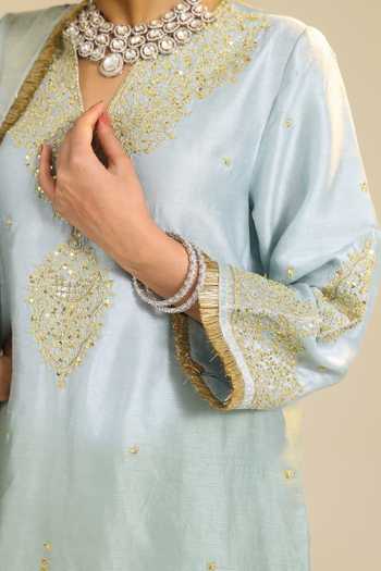 Shop_Roohbyridhimaa_Blue Silk, Organza V-neck, Yes Gulmarg Embroidered Kurta Palazzo Set 
