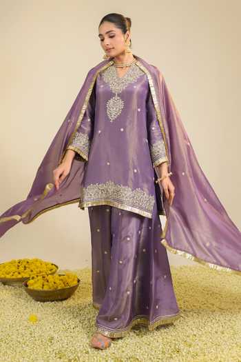 Roohbyridhimaa_Purple Organza Embroidery V-neck, Yes Shimmer Begum Kurta Palazzo Set _Online_at_Aza_Fashions