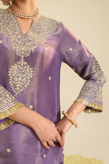 Buy_Roohbyridhimaa_Purple Organza Embroidery V-neck, Yes Shimmer Begum Kurta Palazzo Set _Online_at_Aza_Fashions
