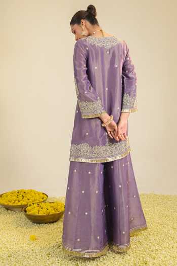 Shop_Roohbyridhimaa_Purple Organza Embroidery V-neck, Yes Shimmer Begum Kurta Palazzo Set _at_Aza_Fashions