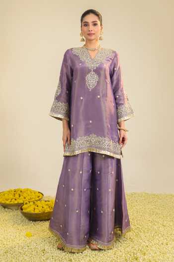 Shop_Roohbyridhimaa_Purple Organza Embroidery V-neck, Yes Shimmer Begum Kurta Palazzo Set _Online_at_Aza_Fashions