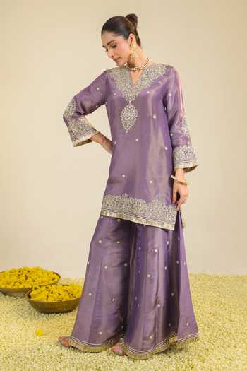 Roohbyridhimaa_Purple Organza Embroidery V-neck, Yes Shimmer Begum Kurta Palazzo Set _at_Aza_Fashions