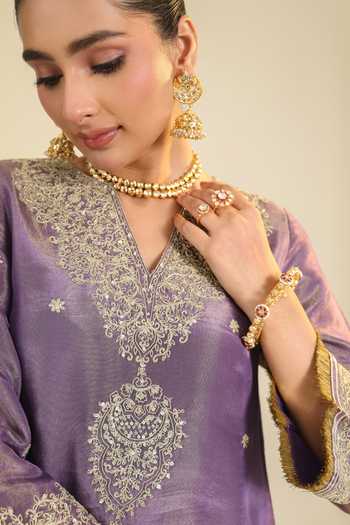 Buy_Roohbyridhimaa_Purple Organza Embroidery V-neck, Yes Shimmer Begum Kurta Palazzo Set 