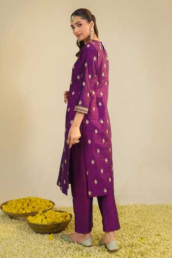 Roohbyridhimaa_Purple Silk, Organza, Viscose Round Neck, Yes Muktalif Embroidered Kurta Set _Online_at_Aza_Fashions
