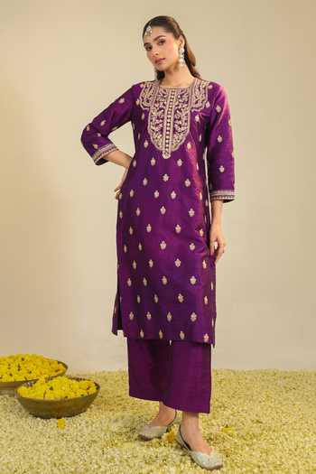 Shop_Roohbyridhimaa_Purple Silk, Organza, Viscose Round Neck, Yes Muktalif Embroidered Kurta Set _Online_at_Aza_Fashions