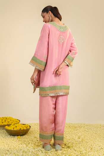 Roohbyridhimaa_Pink Tissue, Chanderi Round Neck, Yes Raag Embroidered Kurta Set _Online_at_Aza_Fashions