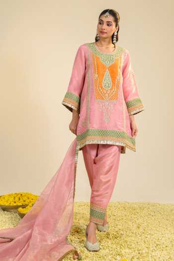 Shop_Roohbyridhimaa_Pink Tissue, Chanderi Round Neck, Yes Raag Embroidered Kurta Set _Online_at_Aza_Fashions