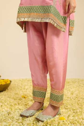 Roohbyridhimaa_Pink Tissue, Chanderi Round Neck, Yes Raag Embroidered Kurta Set _at_Aza_Fashions