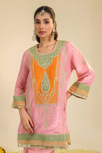 Roohbyridhimaa_Pink Tissue, Chanderi Round Neck, Yes Raag Embroidered Kurta Set _Online