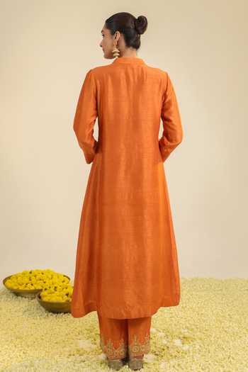 Roohbyridhimaa_Rust Silk, Organza, Viscose Mandarin Collar, Yes Gumaan Pintuck Kurta Set _Online_at_Aza_Fashions