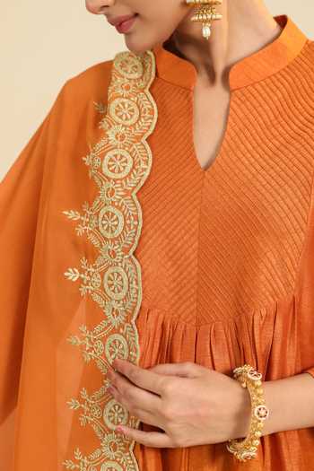 Buy_Roohbyridhimaa_Rust Silk, Organza, Viscose Mandarin Collar, Yes Gumaan Pintuck Kurta Set _Online_at_Aza_Fashions